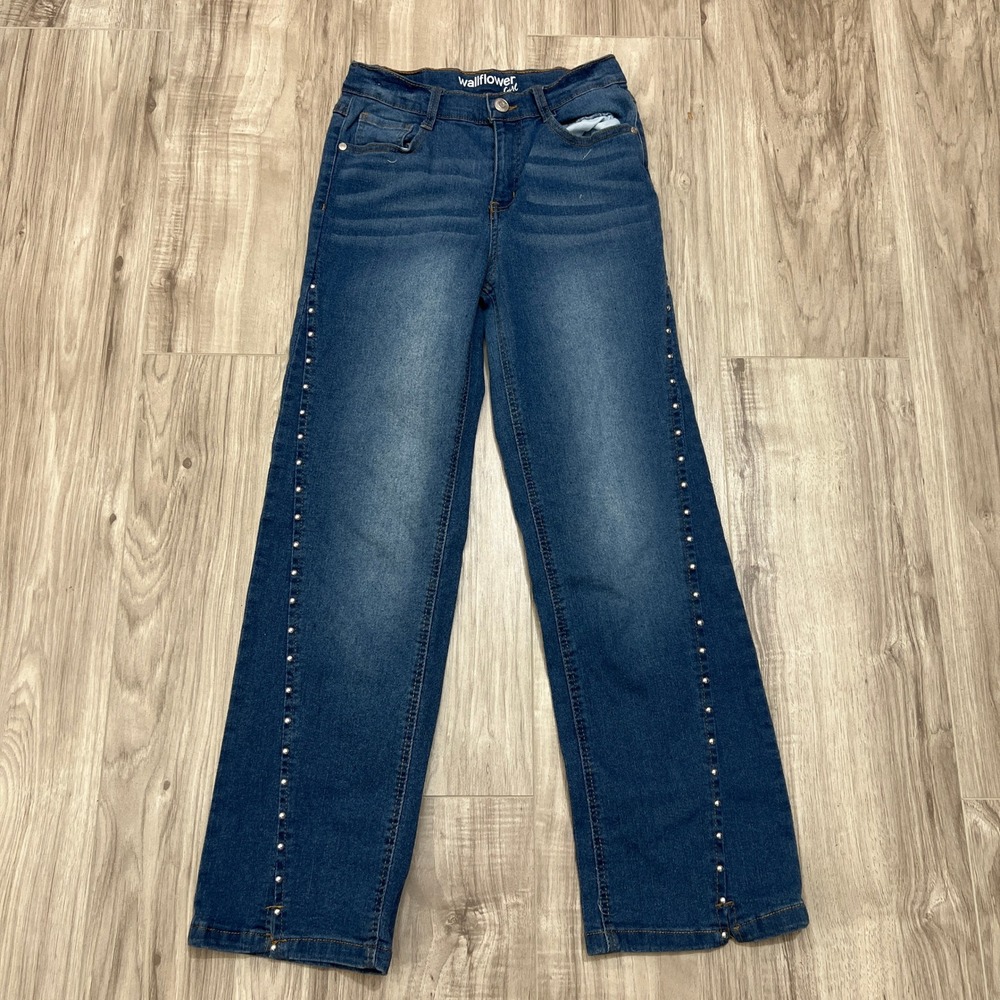 Wallflower Girl Size 14 Blue Denim Rhinestone Seam Split Hem Jeans Adjustable